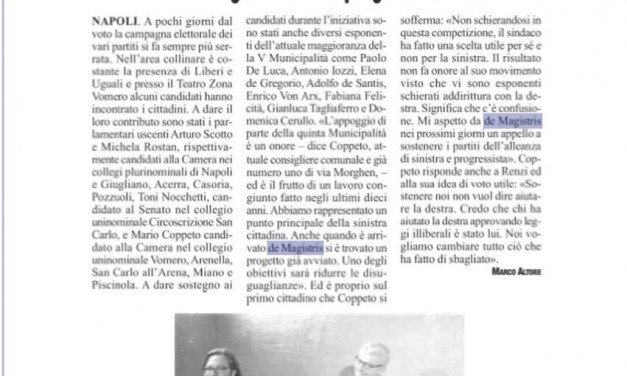 Coppeto: “De Magistris partecipi, sostenga la sinistra progressista”